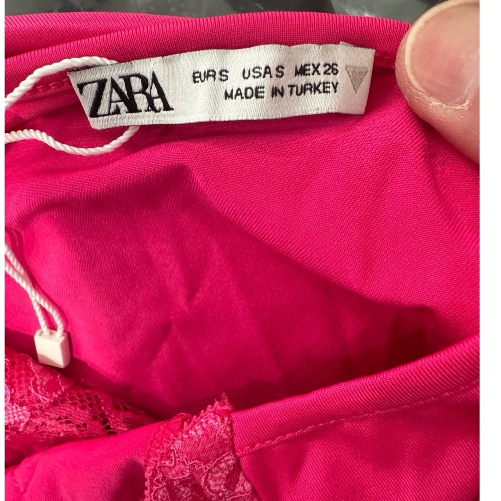 Zara Womens Hot Pink Lace Trim Bodysuit Sleeveless V-Neck Snap Crotch Small New - Picture 3 of 7